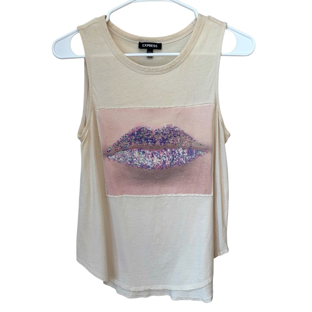 Express Lips Graphic Sequins Tank Top Women's S/P Creme